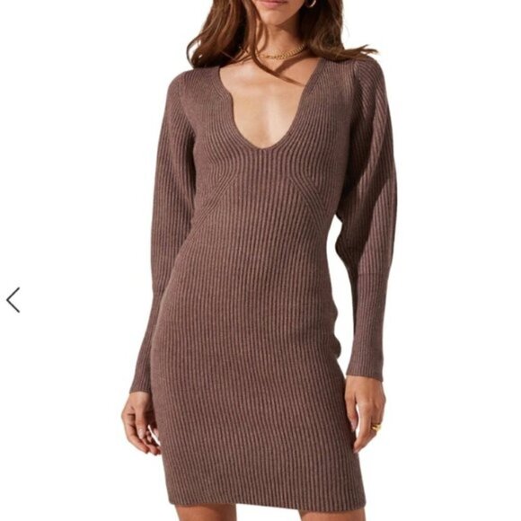 ASTR Plunge V-neck Long Sleeve Sweater Dress In Mocha - Picture 1 of 7